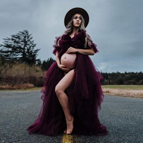 Modern Chestnut Tiered Tulle Maternity Women Dress Sexy V-neck Draped Mesh Long Maternity Gowns Slit Front Baby Shower Dresses