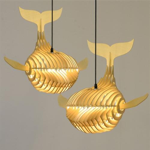 Modern Wooden Whale Pendant Lights Creative Dining Room Bar Light Kitchen Living Room Decor Hanging Lamps LED Art Wood Fish Lamp