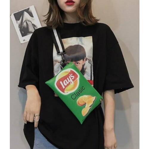 Funny Potato Chips Crossbody Handbag Women Canvas Shoulder Bag Mini Cartoon Printing Girl Envelope Bags Female Clutch Cute Purse