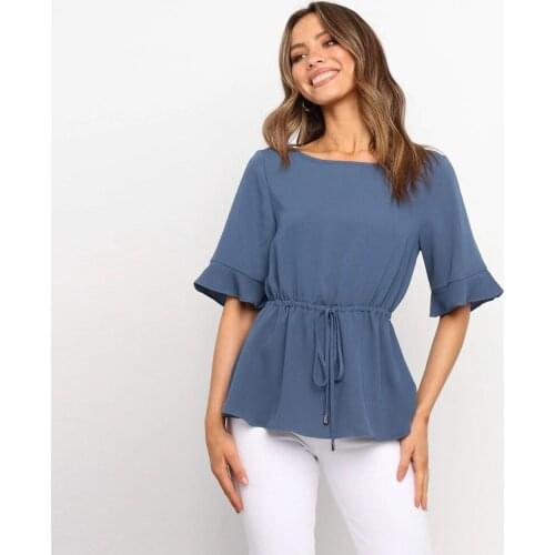 Women Drawstring Decor O-neck Flare Sleeve T-shirt Top 2021 Summer Half Sleeve Casual Slim Solid Color Pullover Tee Streetwear