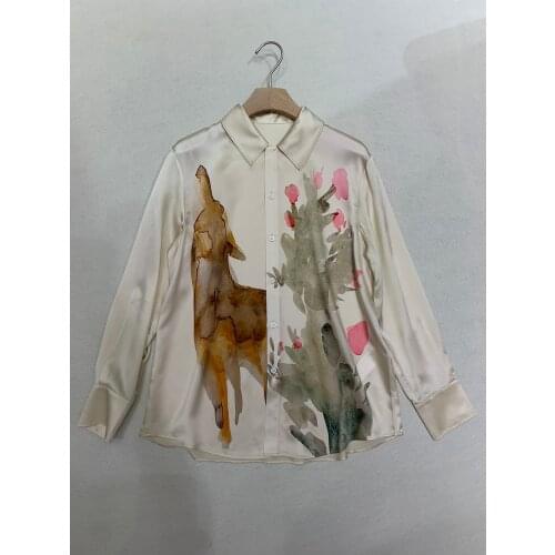 Women 2021 fashion new long sleeve sexy casual silk ink dye printing shirt 0324