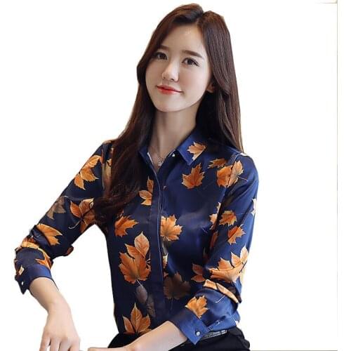 Spring fall elegant soft maple print chiffon shirt 2019 new arrival korea style long sleeve plus size sweet lady casual blouse