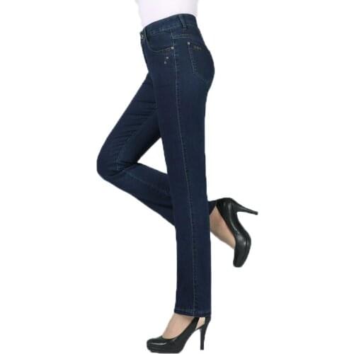 Woman Casual Denim Bootleg Pant Dark Blue Jeans Middle Aged Womens Zipper Fly Denim Trousers Mother Pantalones Plus Size Jeans