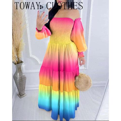 Off Shoulder Gradient Print Smoking Maxi Dress Chic A Line Long Sleeve Summer Dresses For Women 2021