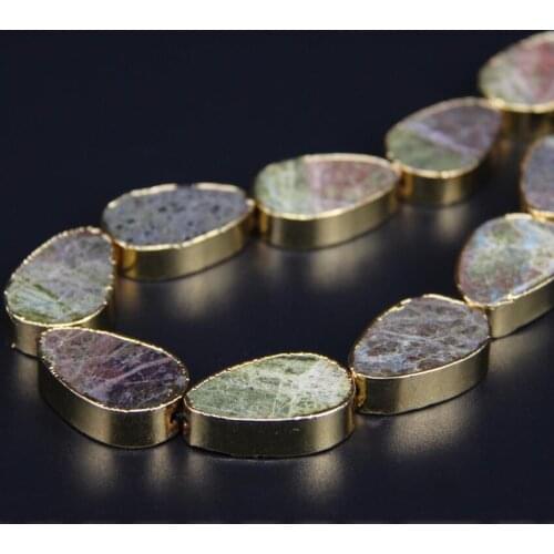 Unakite stone center drilled Flat Teardrop beads Pendants,Plating gold Edged gems stone Slab bracelets Jewelry making,11pcs