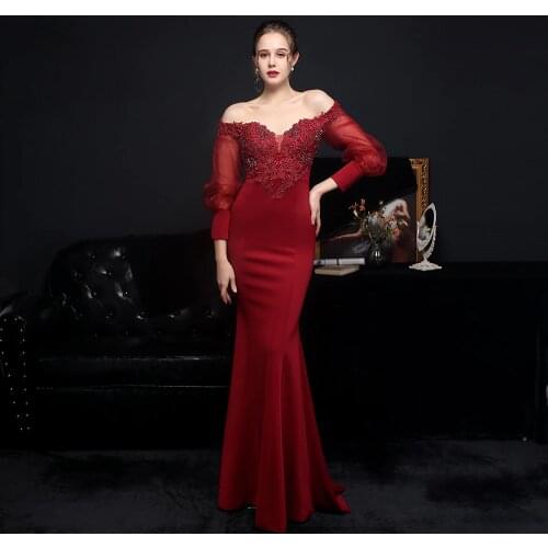 2022 ERINBESS Robe De Soiree Burgundy Evening Dresses Formal Dress Vestido De Festa Sweetheart Long Sleeve Mermaid Evening Dress