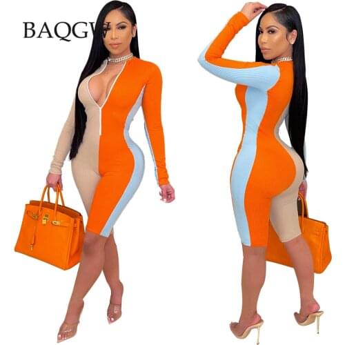 Color Block Zipper Sporty Women Fashion Playsuits Casual Fashion Long Sleeve Bodycon Rompers Workout Active Wear Skinny Playsuit