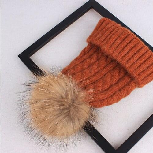 Baby Kids Winter Warm Cute Real Raccoon Fur Pom poms Knitted Beanies Thick Wool Rabbit Fur Knit Hats Child Caps