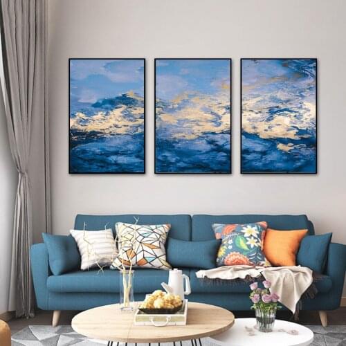 Blue Gold Abstract Sea Waves Canvas Painting Modern Living Room Light Luxury Pictures Wall Prints Bderoom Pop Art Decor Posters