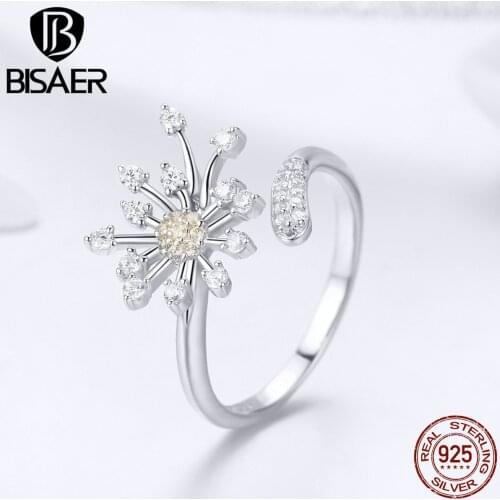 BISAER 925 Sterling Silver Daisy Flower Dandelion Adjustable Finger Ring Dazzling Zircon Rings for Women Wedding Jewelry ECR471