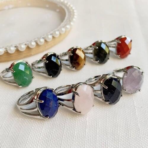 Natural Crystal Ring for Women Faceted Oval Stone Amethysts Lapis Green Aventurine Purple Pink Crystal Finger Ring Party Wedding