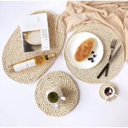 Straw Weave Round Placemat Coaster Pad Place Mat Kitchen Cup Pot Tablemat Heat Insulation Pads Non-slip Mats Kitchen Decoration