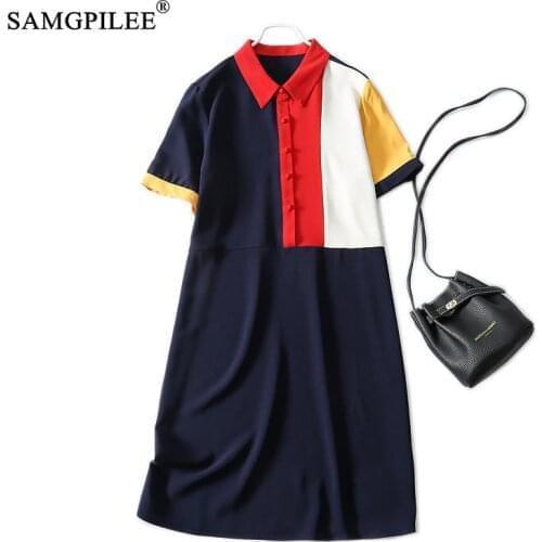Summer Clothes For Women 2021 New Fashion Casual A-line Patchwork Short Sleeve Knee-length Empire Polo Collar Dresses Woman 4XL