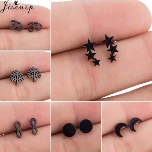 Small Geometric Stainless Steel Earrings for Women Men HipHop Black Heart Round Star Moon Stud Earring OM Symbol Earings brincos