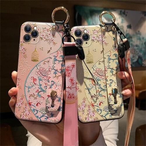 Retro Matte Phone Case for Samsung S10e S8 S9 S10 S20 Ultra Plus Note 8 9 10 Plus Soft Back Covers 3D Emboss Wrist Strap Lanyard