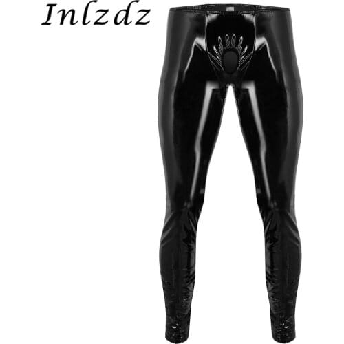 Mens Erotic Lingerie Pants for Sex Shiny Patent Leather Festivals Hot Sexy Tight Pants Leggings Trousers with Open Penis Hole