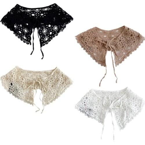 N7MF Women Summer Knitted Shoulder Shawl Wrap Hollow Out Crochet Lace Fake Collar Necklace Lace-Up Vintage Rustic Style Mini