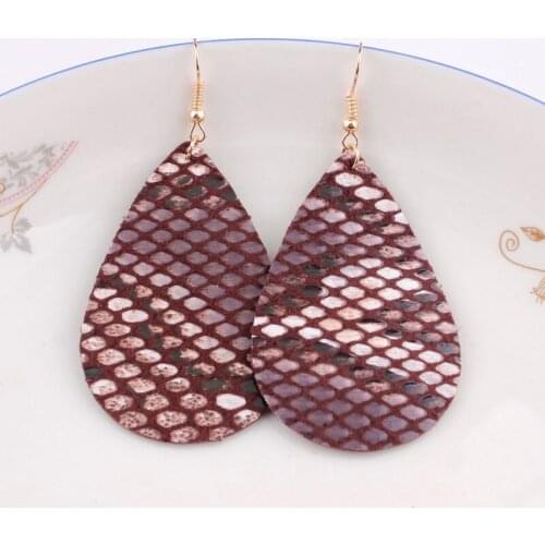 ZWPON 2019 New Burgundy Imitated Snakeskin Leather Earrings for Women Trendy BOHO Leather Teardrop Earrings Animal Print