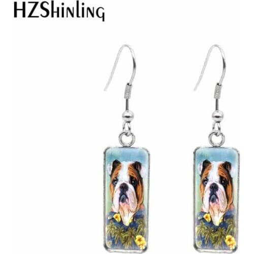 2021 New French Bulldog Painting Rectangular Earring Funny Dog Square Fish Hook Earrings Photo Glass Dome Jewelry