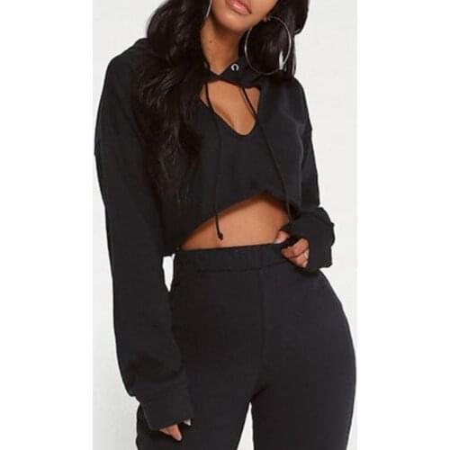 New Sexy Hollow Woman Hoodies Black Sport Sweater Crop Top Female Deep V Neck 108