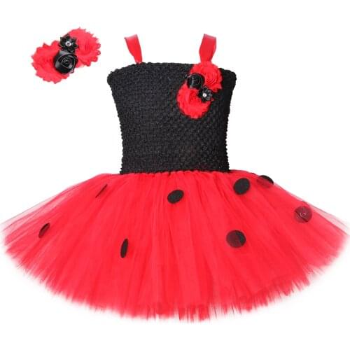Lady Beetle Tutu Dress with Wings Dots Flowers Tulle Kids Dresses for Girls Birthday Party Halloween Insect Cosplay Costume 1-14