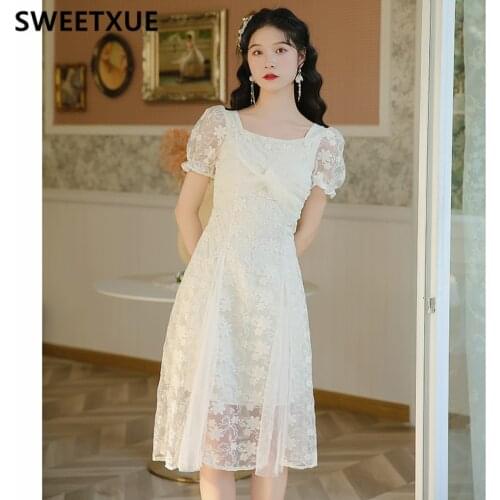 SWEETXUE New Retro Romantic Sweet Lace Three-dimensional Embroidered Dress Female 2021 Cute Kawaii Mesh Chic Casual Vestidos