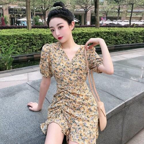 French Romantic Women Summer Floral Dress 2021 New Design Short Sleeve V-Neck Flower Print Slim Drawstring Vestidos Mujer De