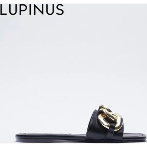 LUPINUS Fashion Gold Chain Design Women Sandals 2021 New Black Open Toe Women Flat Sandals Summer Square Toe Women Beach Shoe