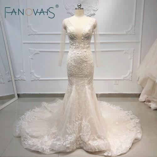FIDDY898 Champagne Elegant Mermaid Wedding Dresses Long Sleeves Vestido de Novia Beads Robe de Mairee Lace Wedding Gowns