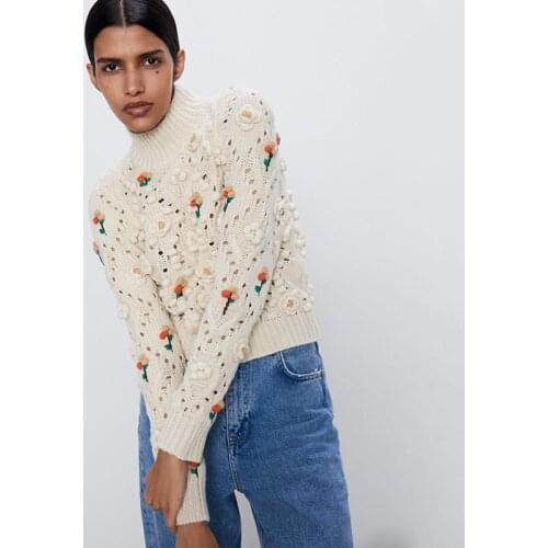 Cropped Knitted 2021 Autumn Winter Hollow Out Floral Appliques Turtleneck Sweater WOmen Jumper Pullover Tops