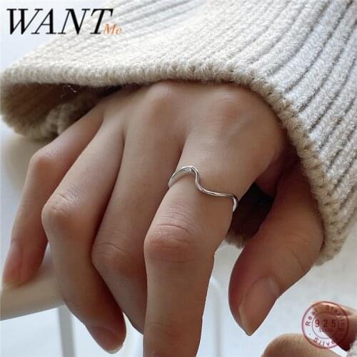 WANTME Fashion Genuine 100% 925 Sterling Silver Minimalist Wave Opening Finger Ring for Women Wedding Party Jewelry Accessories