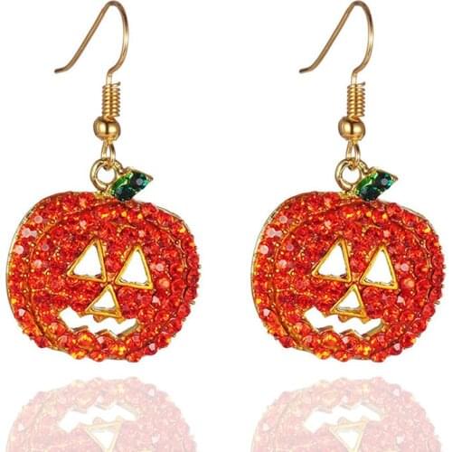 Women Halloween Crystal Smiling Face Pumpkins Drop Earrings Jack O Lantern Halloween Jewelry Wholesale