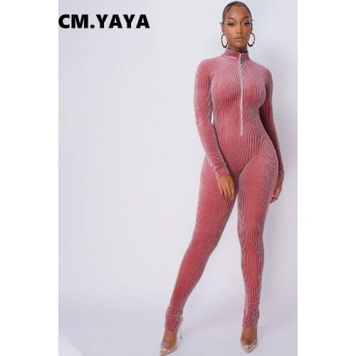 CM.YAYA Women Jumpsuit Solid Full Sleeve Zipper Stand Collar Skinny Pencil Jumpsuits Casual One Piece Overalls Autumn Outfits