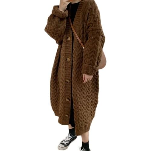 WSYORE Autumn and Winter Women Long Sweeater Jacket Thick Loose Wild Single-breasted Knitted Cardgian Coat NS2802