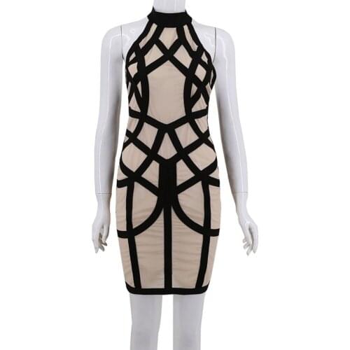 Nude Mesh Black Bandage High Neck Sleeveless Geometric Strip Women 2018 Bodycon Mini Cotkail Bandage Dress