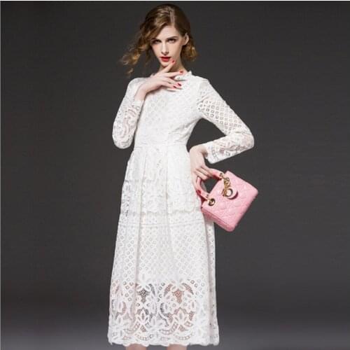 Female Spring Summer Women Lace Dress 2021 White Black Color A Line Ladies Midi Dresses Long Sleeve Vintage Skirt For Lady