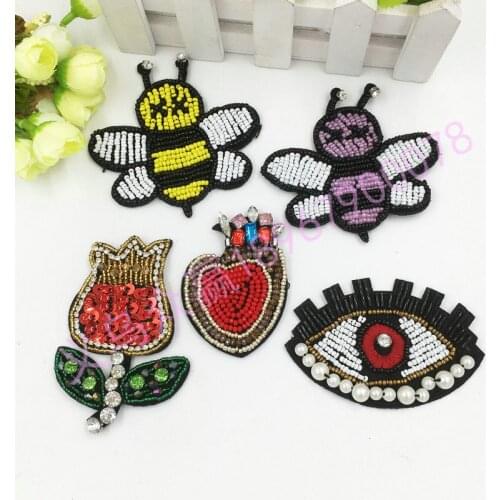 10pcs/lot Sew 3D Luxury Bead Embroidery Patch Bee Lily Flower Eye Heart Shoes Bag Clothing Decoration Sewing Accessory Applique