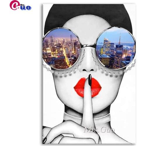 5d Diamond Painting Diamond Art Embroidery Modern Fashion Women Red Lip City Sunglasses Handmade Rhinestones Gift Cross Stitch