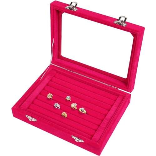 Velvet Glass Ring Earring Jewelry Display Organizer Box Tray Holder Storage Case K3ND