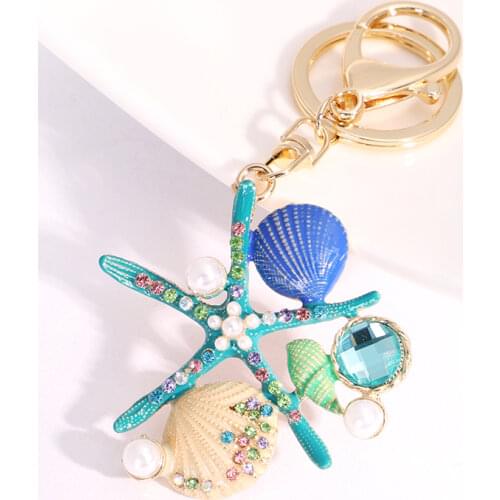 EASYA 2 Colors Sea World Crystal Starfish Keychain Fashion Simulated Pearl Shell Keyring Holders For Women Bag Car Key Chains