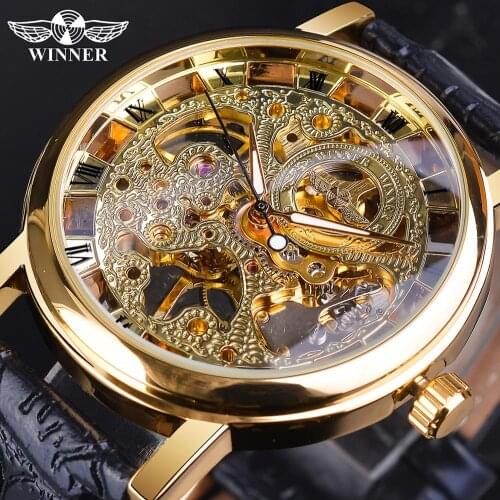 Winner Transparent Skeleton Dial Design Mechanical Watch Golden Fashion Business Watch Leather Band Luminous Hand Wristwatch