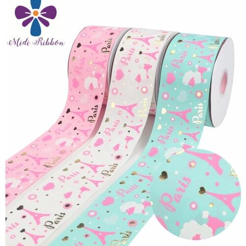 3 "75mm Cartoon Series Pink Eiffel Tower Printing Holographic Ribbon Festival Celebration DIY Decorative Material 50 Yards /Roll