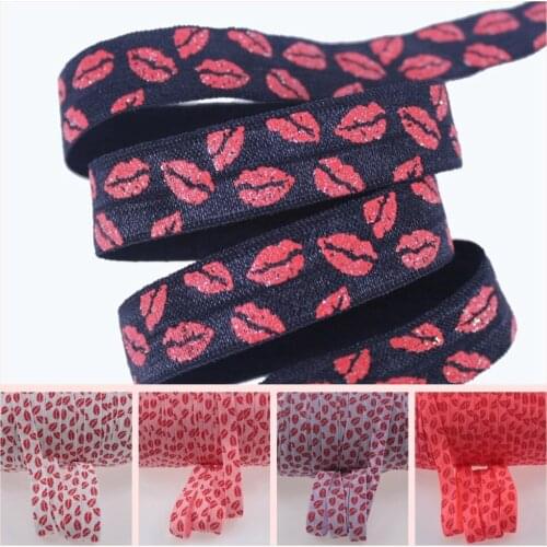 6 Colors 5/8" Sexy Glitter Red Lips FOE Fold Over Elastic for Valentine accessaries welcome custom printed