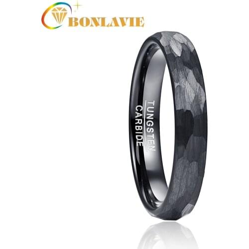 BONLAVIE Wide 4mm 6mm 8mm Electric Black Hammering Textured Tungsten Steel Ring Men and Women Jewelry