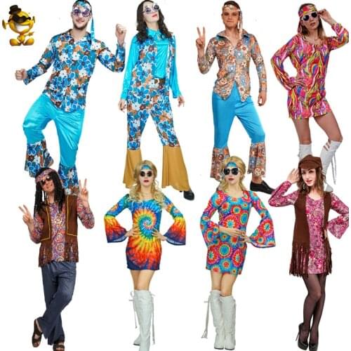Halloween Adult Couple 60s 70s Hippie Costumes Role Play Flower Hippy Cosplay Women and Men Disco Costume for Purim Party