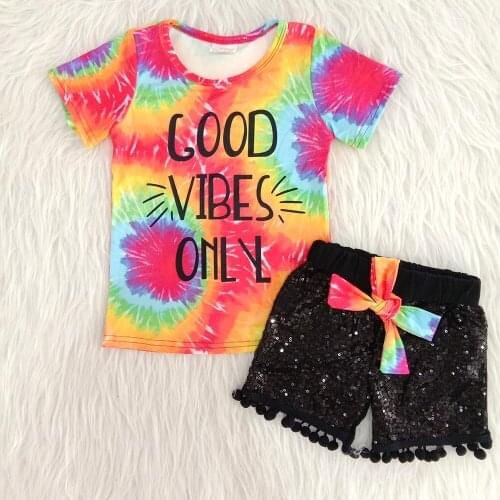 Best selling girl summer fashion outfit new style girl Tie-Dye raglan shirt match sequin shorts 2 pcs set kids clothing with bow