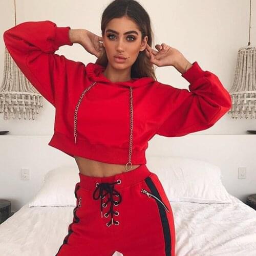 Lucyever Streetwear Chain Red Hoodies Womens 2020 Autumn Fashion Loose Hooded Pullover Woman Casual Short Sweatshirt Women New