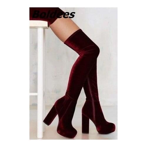 2018 Fashion Warm Velvet Burgundy Block Heel Thigh High Boots Woman Sexy Chunky Heel Round Toe Platform Boots