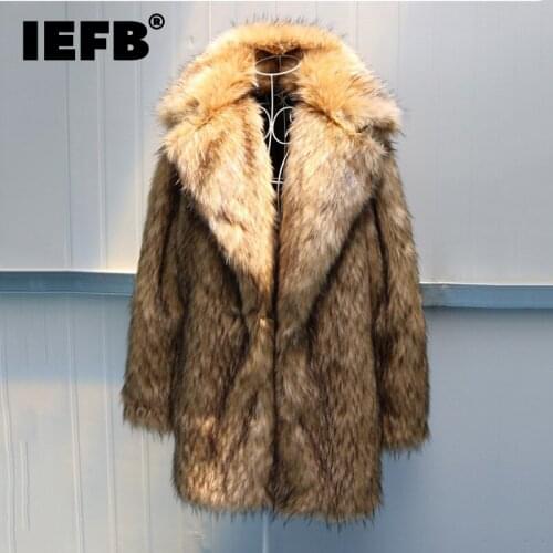 IEFB Mens Faux Fur Coat Imitation Raccoon Hair Long Coats Thick Warm Suit Collar Artificial Wool Long Sleeve Cloth High Quality