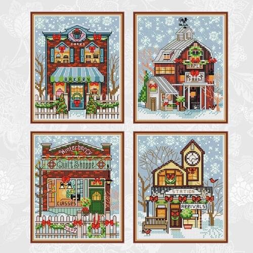 Christmas Cottage Cross Stitch Kits Parttern Printed on Canvas 11CT 14CT DIY Handwork Embroidery Cross-stitch Semi-finished Sets
